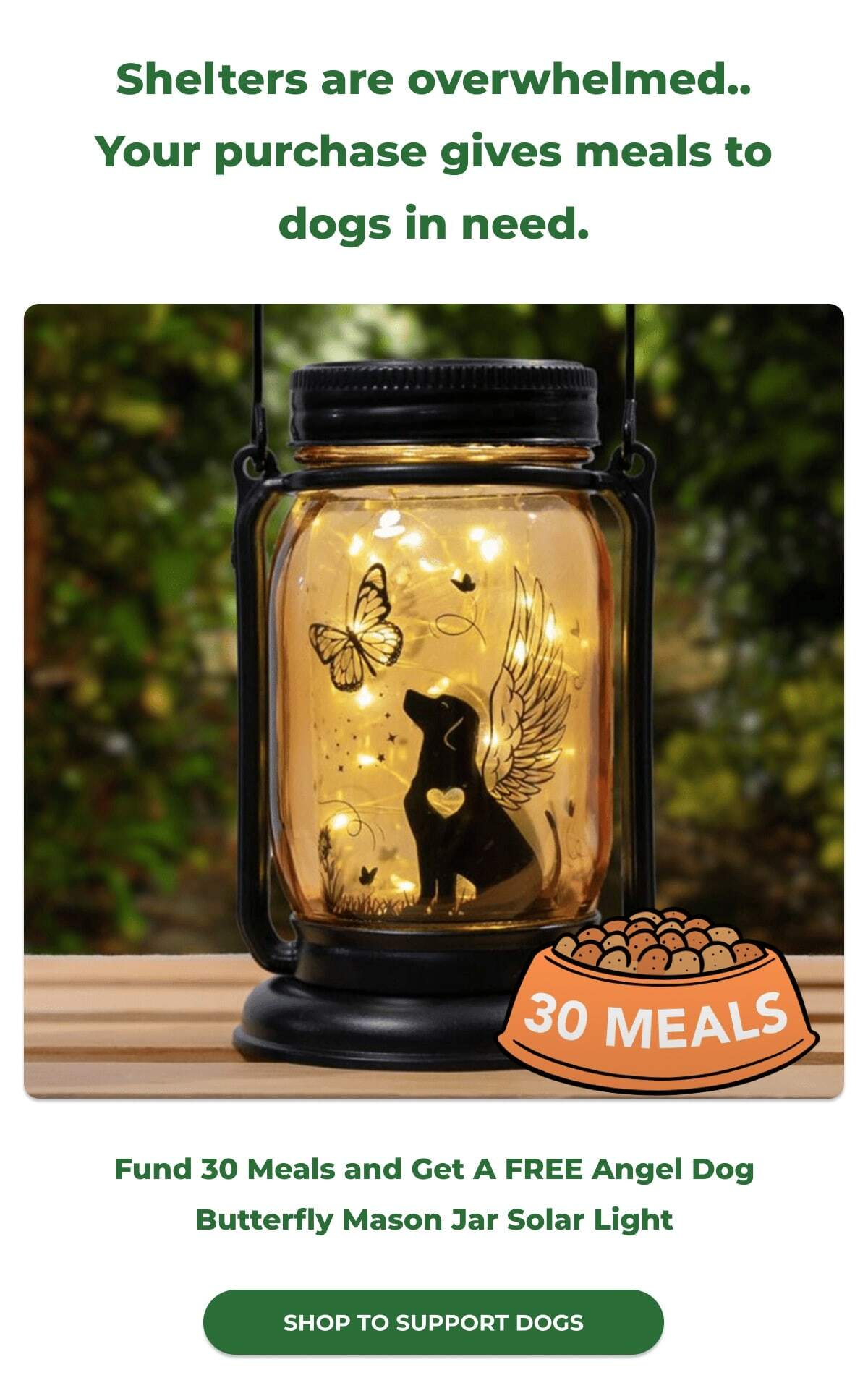 Shelters are overwhelmed... Your purchase gives meals to dogs in need. Fund 30 Meals and Get A FREE Angel Dog Butterfly Mason Jar Solar Light - SHOP TO SUPPORT DOGS