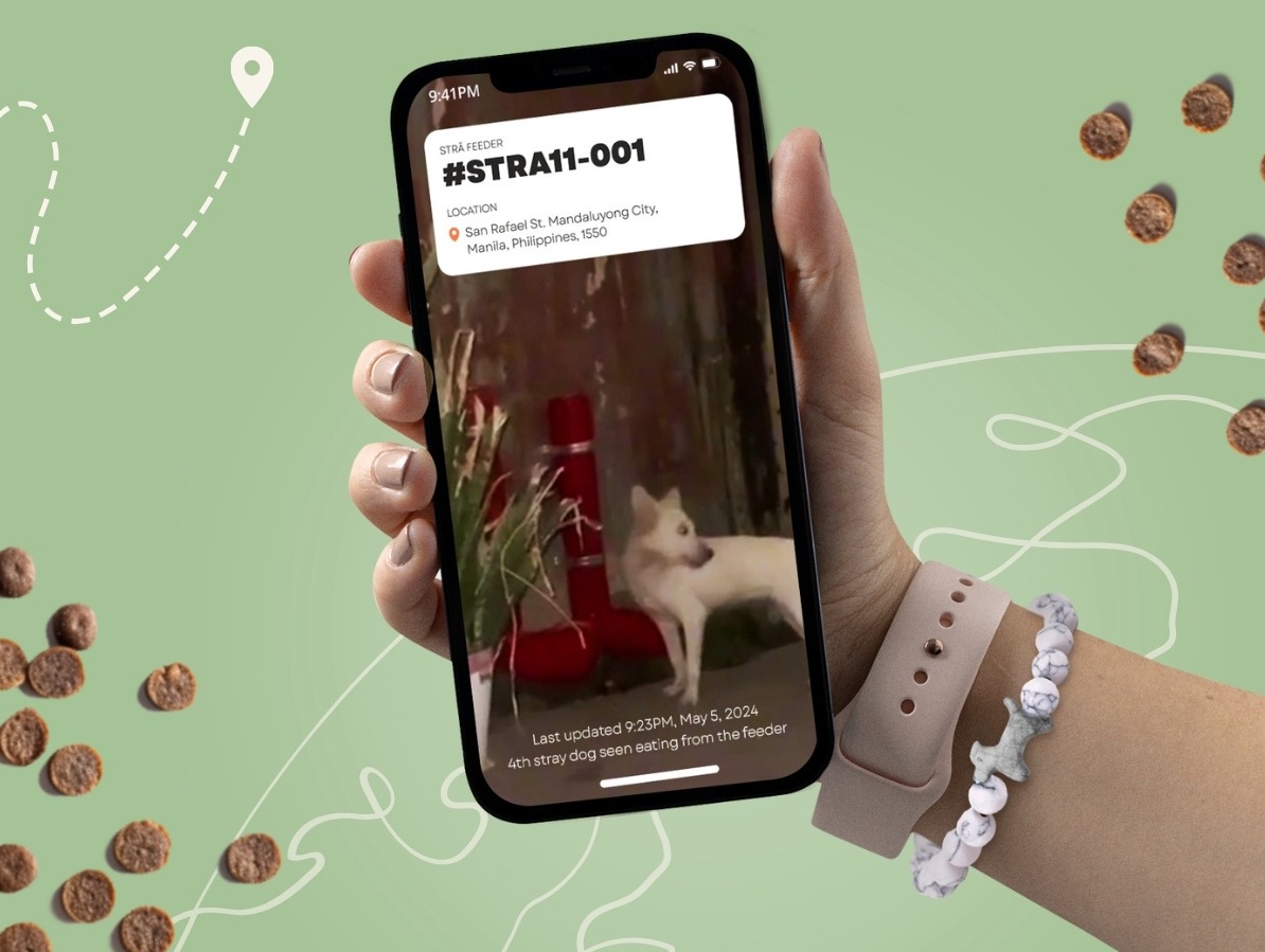 Showing assigned feeder when purchasing bracelet with stray dog eating from it. 