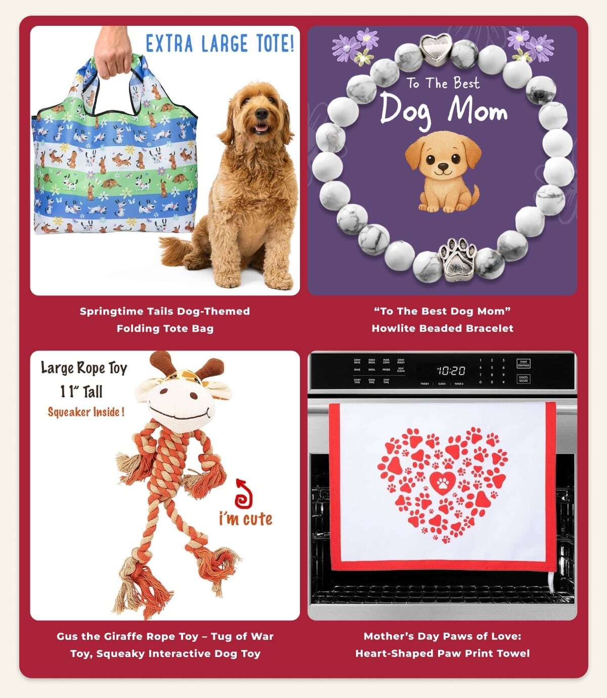 Springtime Tails Dog-Themed Folding Tote Bag - “To The Best Dog Mom” Howlite Beaded Bracelet - Gus the Giraffe Rope Toy – Tug of War Toy, Squeaky Interactive Dog Toy - Mother’s Day Paws of Love: Heart-Shaped Paw Print Towel