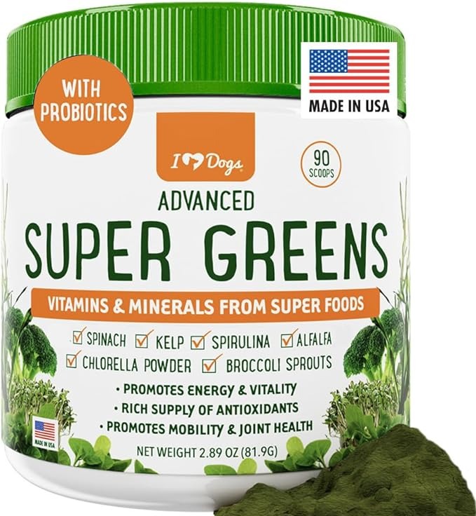 iHeartDogs Super Greens for Dogs with Broccoli Sprouts & Spirulina Powder - Seasonal Allergy & Immune Support Dog Greens Powder - Vitamins, Antioxidants & Minerals Supplement for Dogs