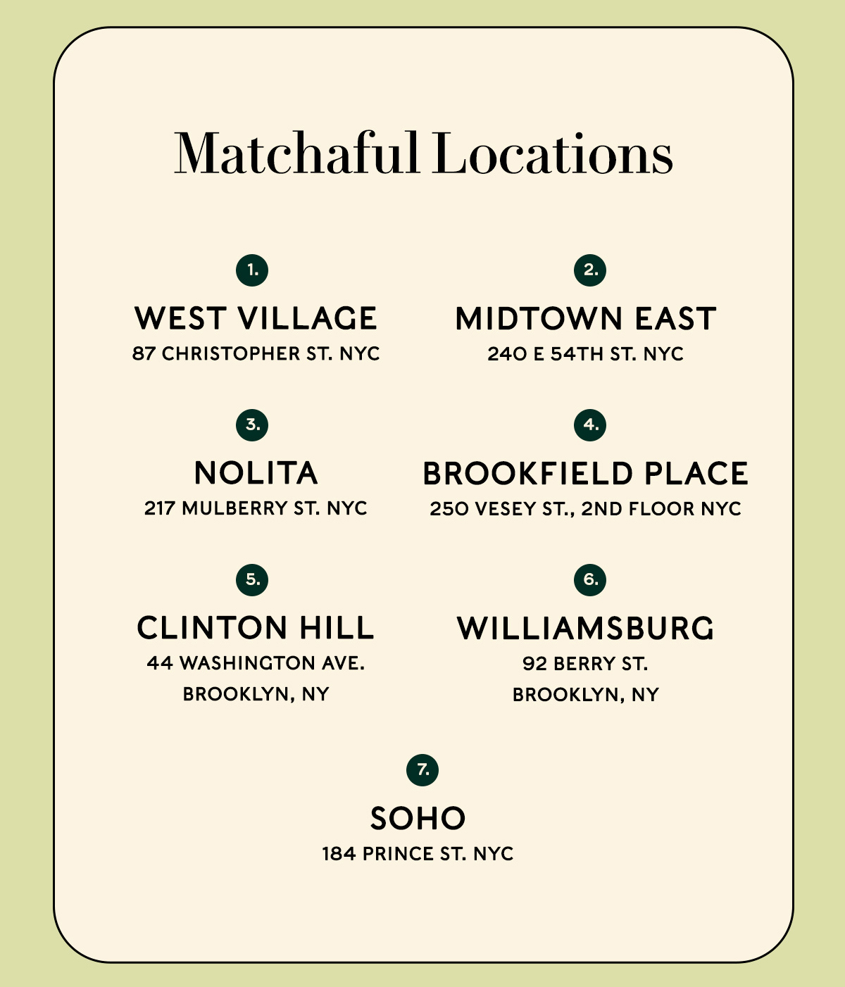  NOLITA 217 Mulberry St. NYC  WEST VILLAGE 87 Christopher St. NYC  MIDTOWN EAST 240 E 54th St. NYC  BROOKFIELD PLACE 250 Vesey St., 2nd floor NYC  CLINTON HILL 44 Washington Ave. Brooklyn, NY  WILLIAMSBURG 92 Berry St, Brooklyn, NY Brooklyn, NY