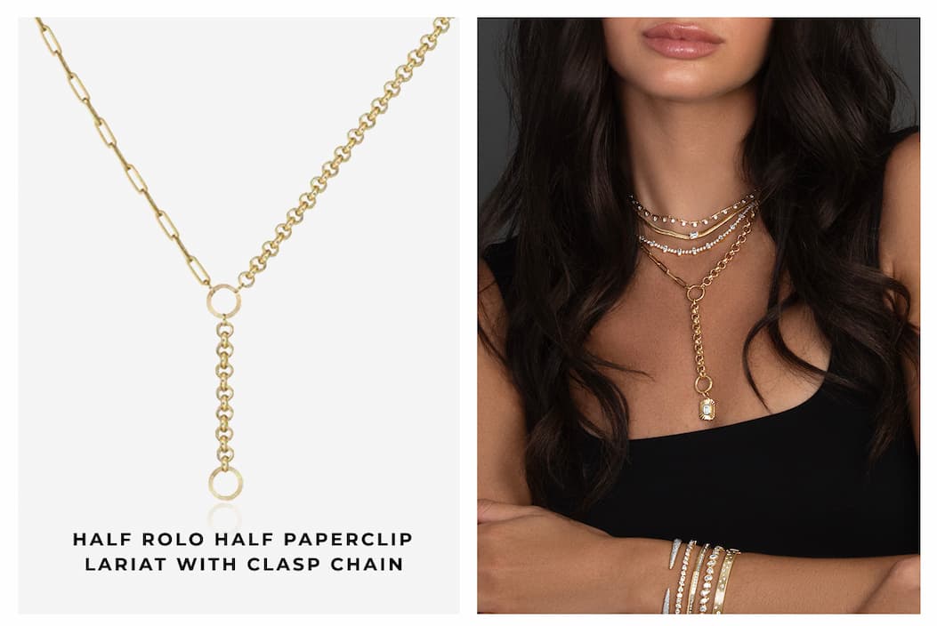 Half Rolo Half Paperclip Lariat with Clasp Chain