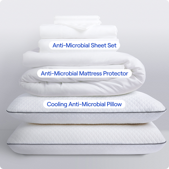 Bedding Bundle includes: Anti-Microbial Sheet Set, Anti-Microbial Mattress Protector & Cooling Anti-Microbial Pillow(s)