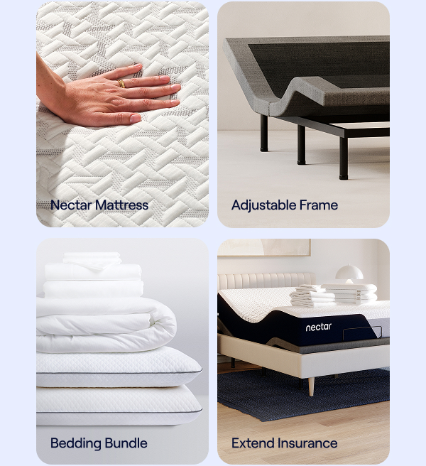 Nectar Adjustable Bundle — includes mattress, adjustable frame, bedding bundle, and Extend Insurance