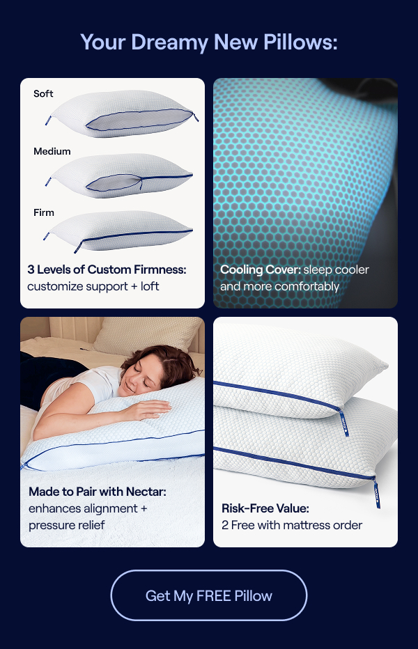 3 Levels of Custom Firmness – customize support + loft | Cooling Cover – sleep cooler and more comfortably | Made to Pair with Nectar – enhances alignment + pressure relief | Risk-Free Value – 2 free with mattress purchase