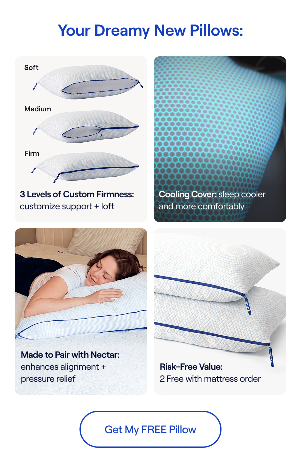 3 Levels of Custom Firmness – customize support + loft | Cooling Cover – sleep cooler and more comfortably | Made to Pair with Nectar – enhances alignment + pressure relief | Risk-Free Value – 2 free with mattress purchase