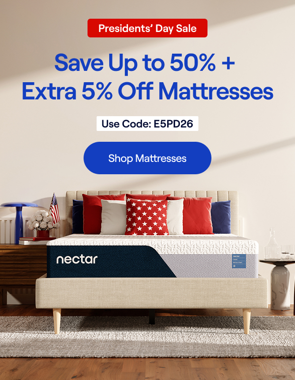 Save Up to 50% + Extra 5% on Mattresses* (Memory Foam or Hybrid). Code: E5PD26