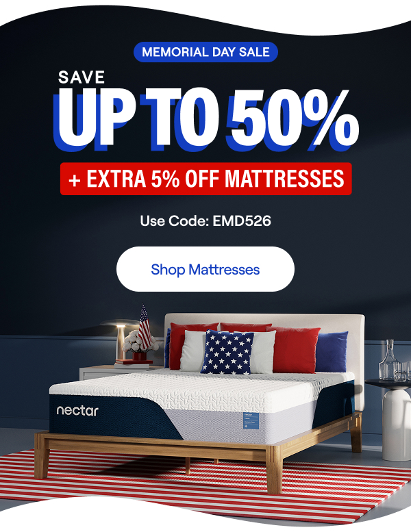 Save Up to 50% + Extra 5% on Mattresses* (Memory Foam or Hybrid). Code: EMD526