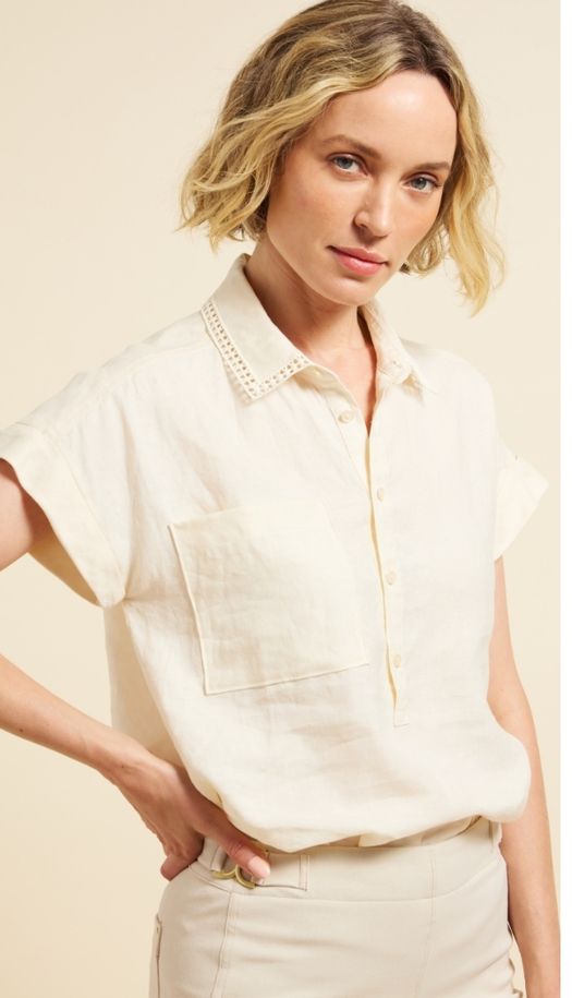 Women's embroidered collar linen shirt with relaxed fit, drop shoulders, rolled sleeves and high-low hem in breathable spring linen.