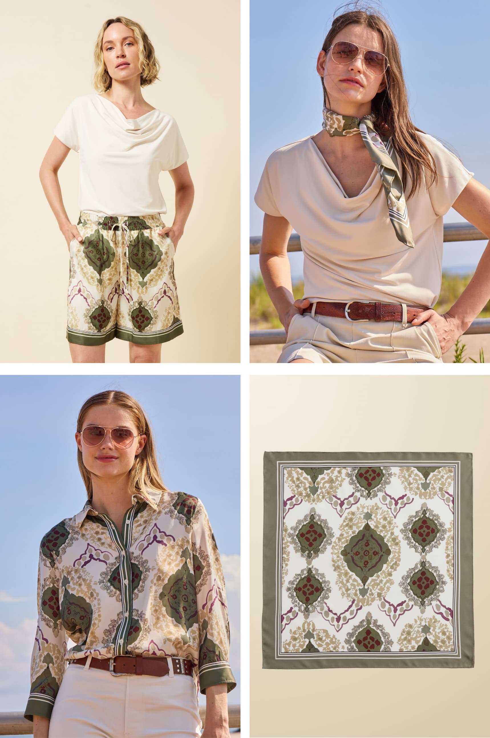 Collage featuring placed art scarf print collection including printed satin shirt, matching boxer short, silk scarf, and coordinated styling details in an exclusive Italian-inspired design.
