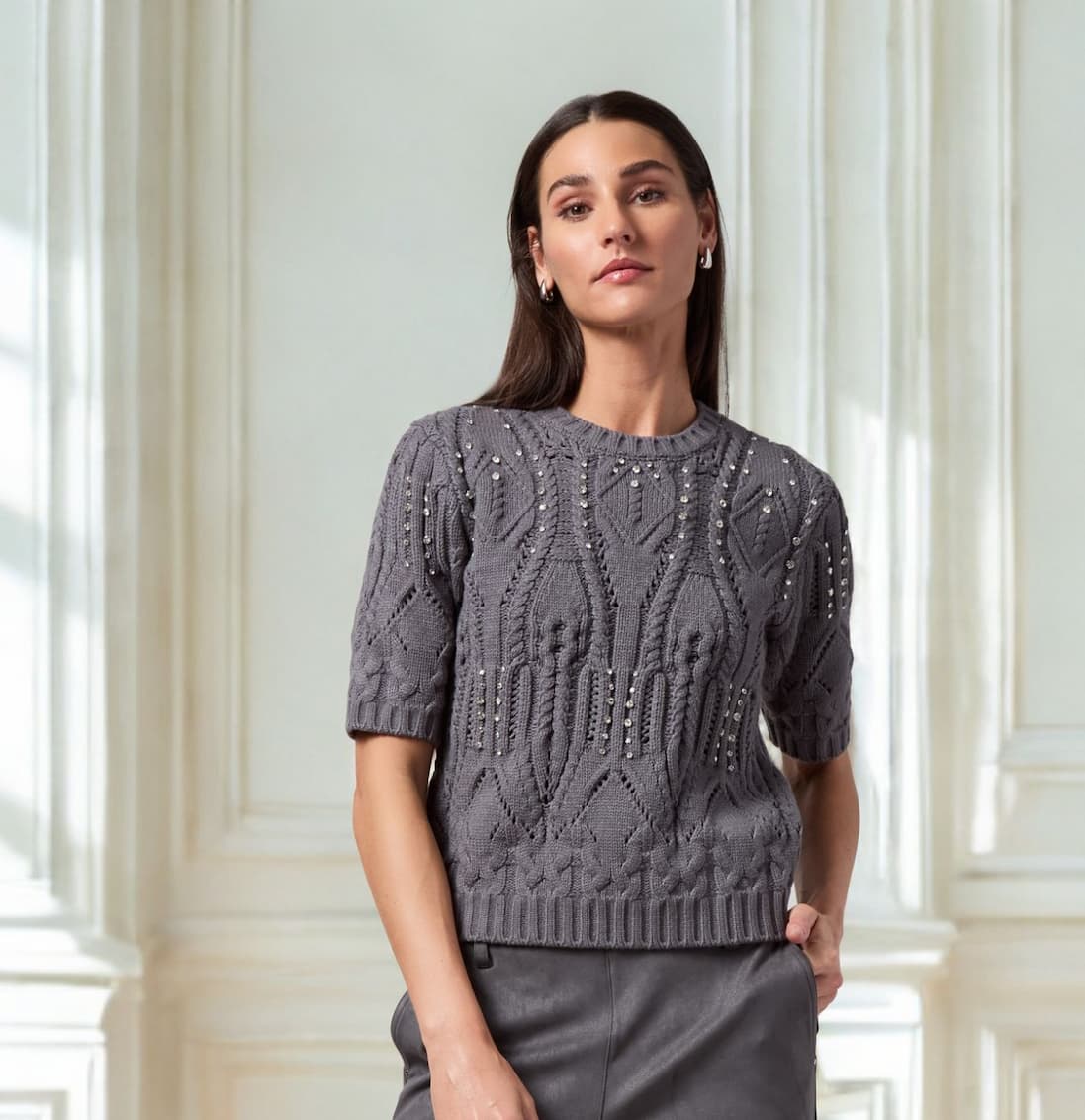 Hadley Cozy Short Sleeve Cable Sweater styled for festive at-home hosting with soft structure and seasonal charm