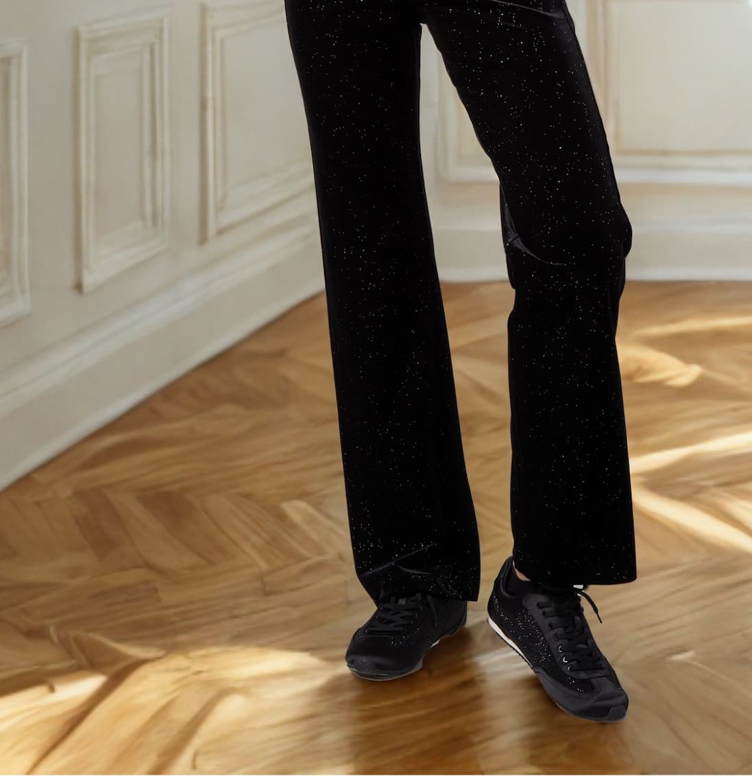 Metallic Foil Velvet Pant styled for holiday shimmer and comfort