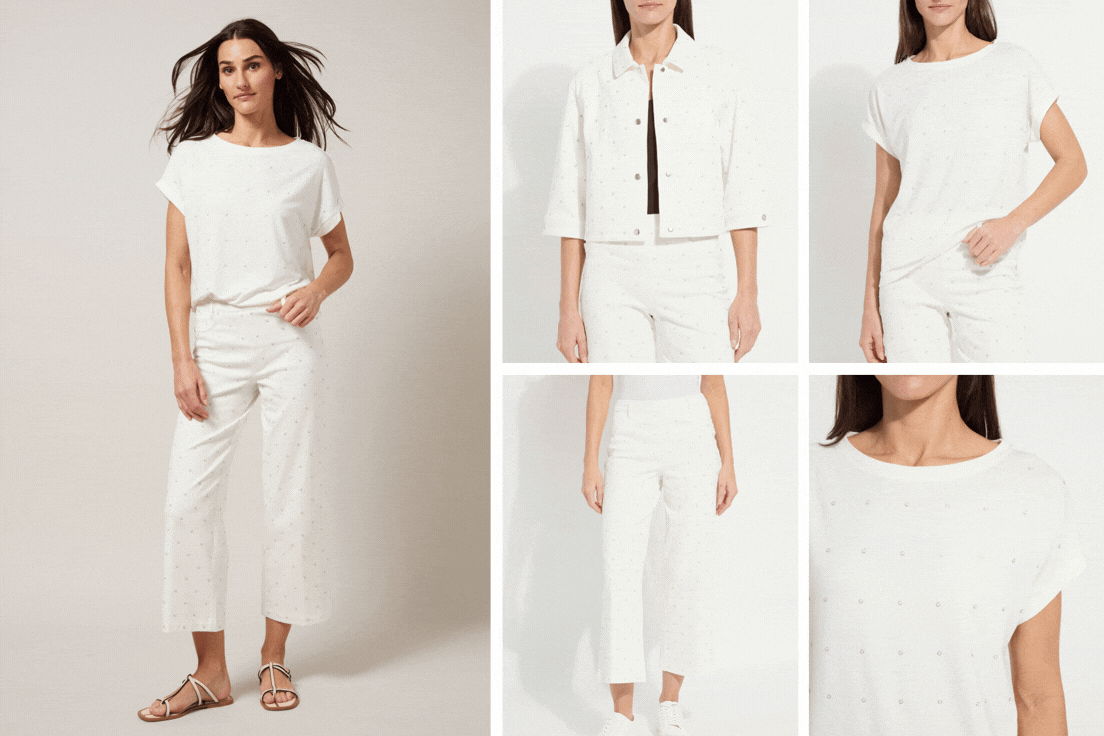 Animated collage showing the Pearled Embellished outfit from multiple angles—front, side, and back—highlighting the allover pearl detailing and flattering wide-leg silhouette.