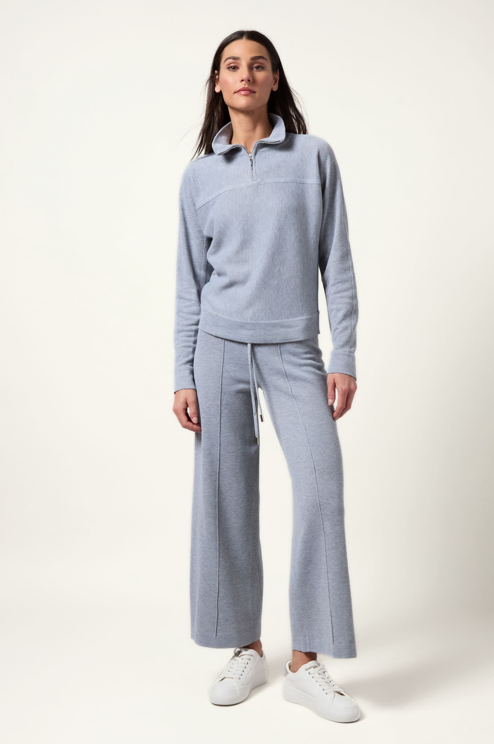 	Viola Knit Lounge Sweatshirt and Violetta Knit Lounge Wide Leg Pant in a neutral, relaxed loungewear set