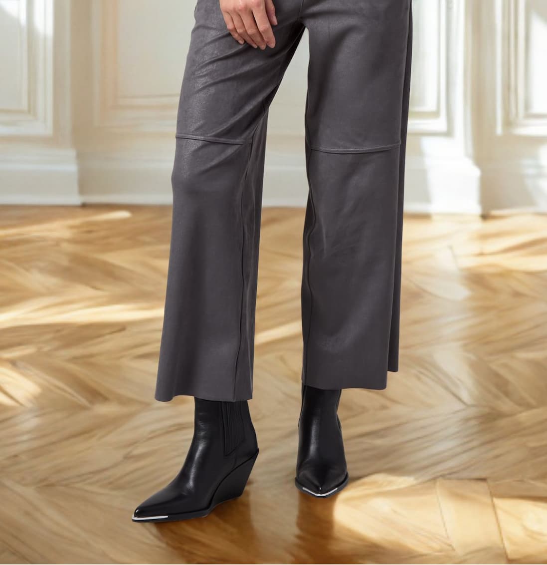 Amina Vegan Suede Straight Leg Pant styled for holiday hosting with sculpted polish