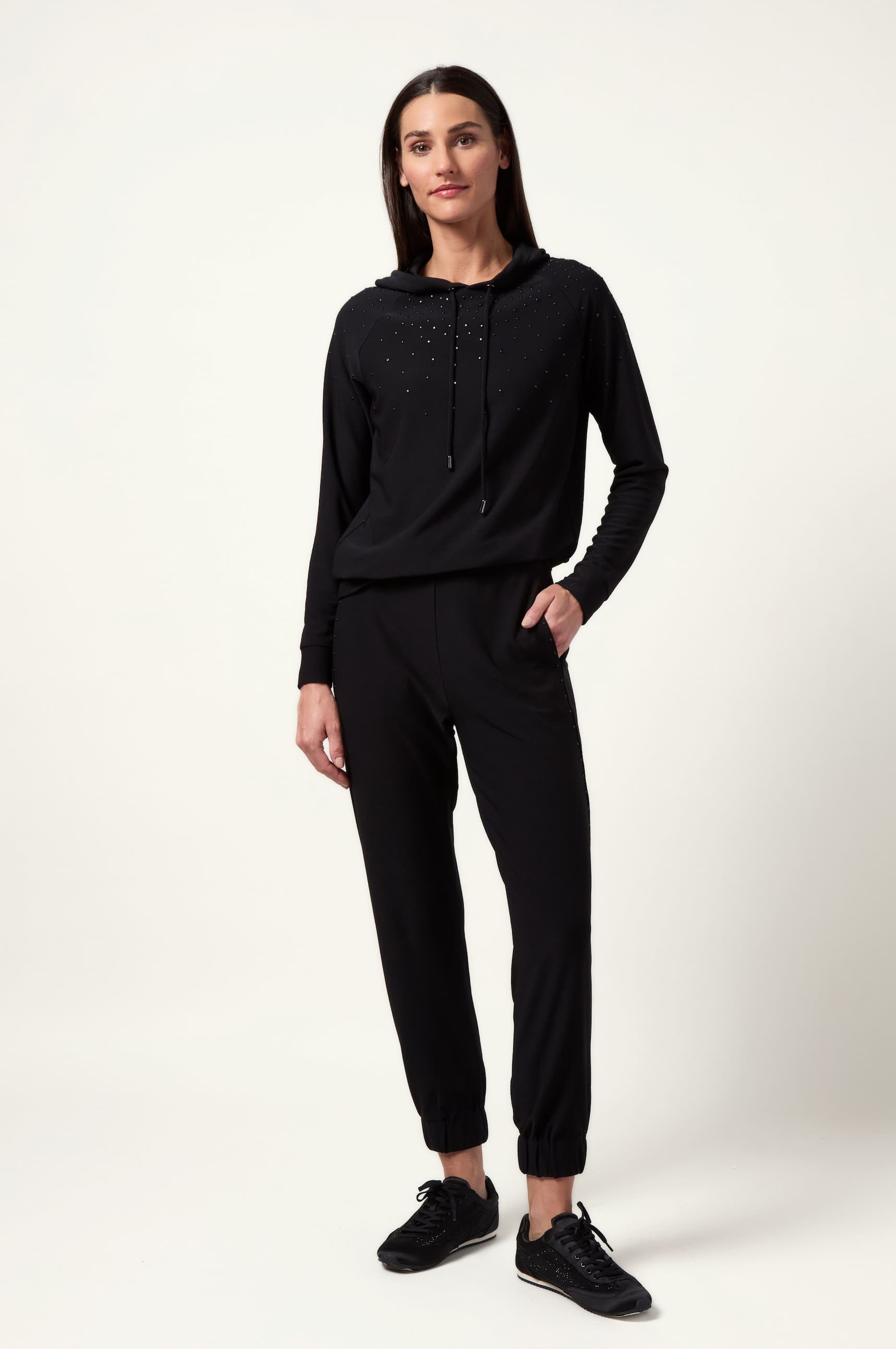  Emiliana Studded Hoodie and Jogger set in soft crepe with sleek black stud embellishments