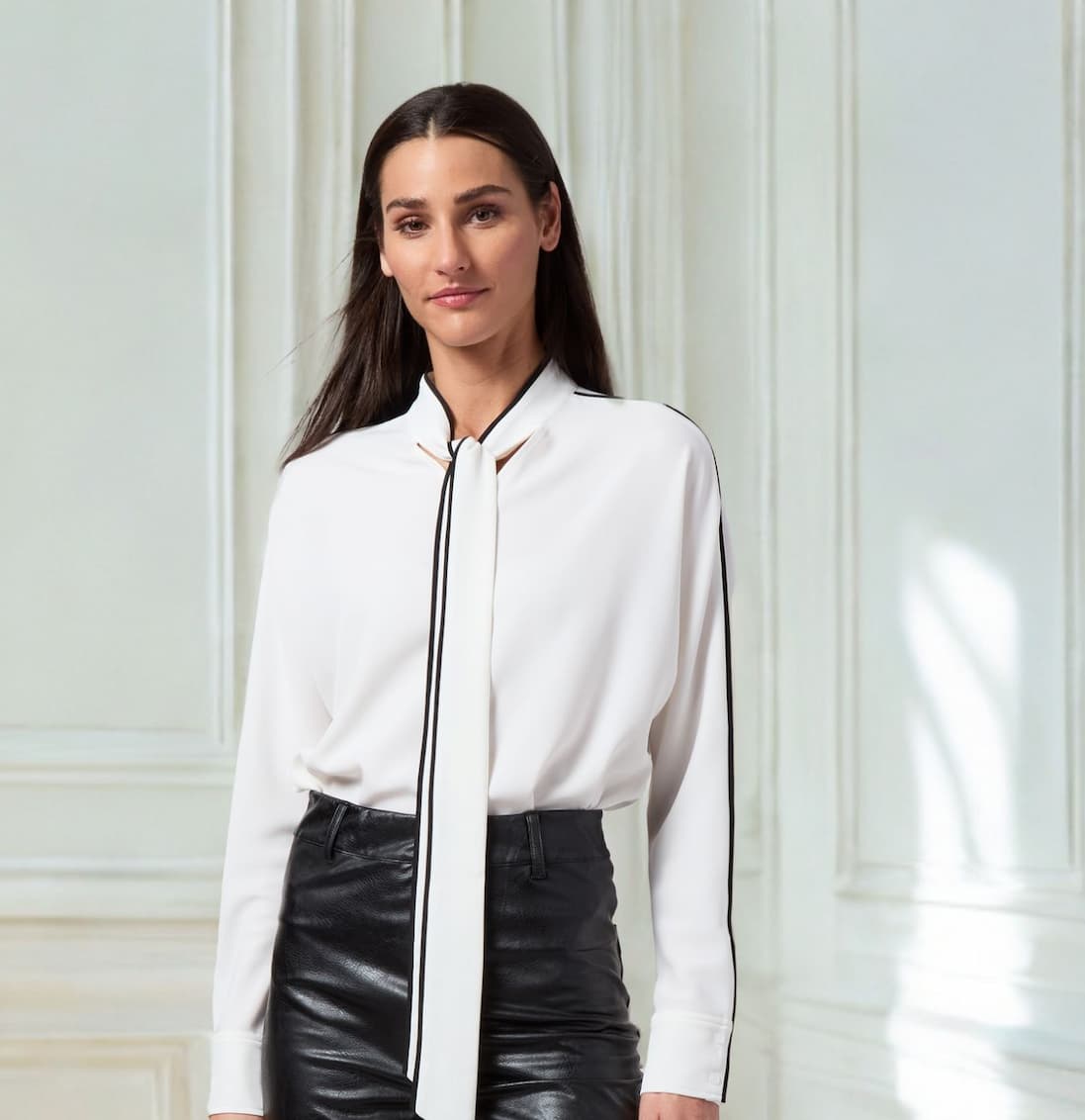 Daphne Dolman Sleeve Bow Blouse with contrast trim and front tie detail in wrinkle-resistant stretch woven