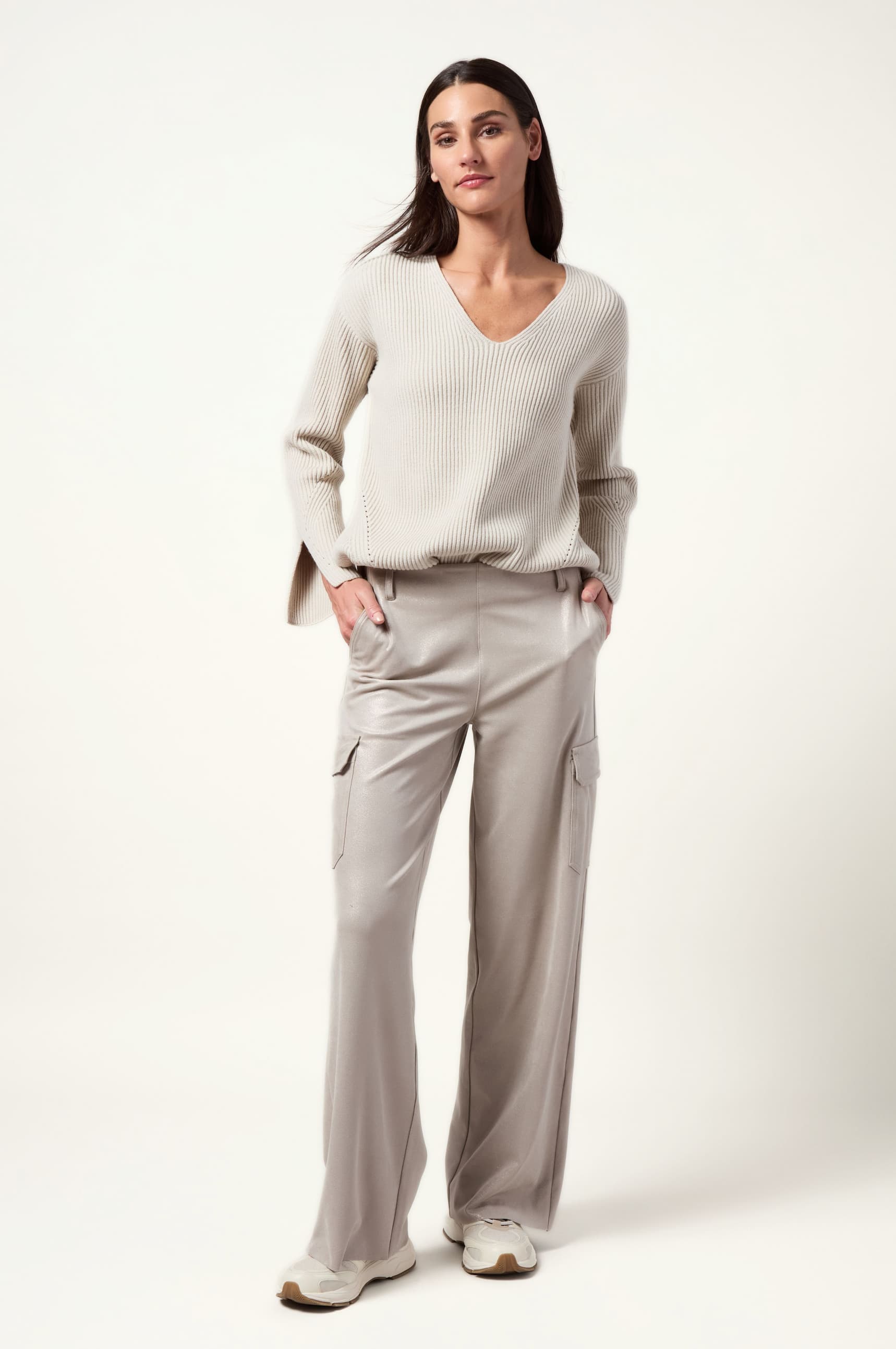 Ximena V-Neck Cozy Sweater and Callie Patent Foil Vegan Suede Cargo Pant styled for texture and relaxed elegance