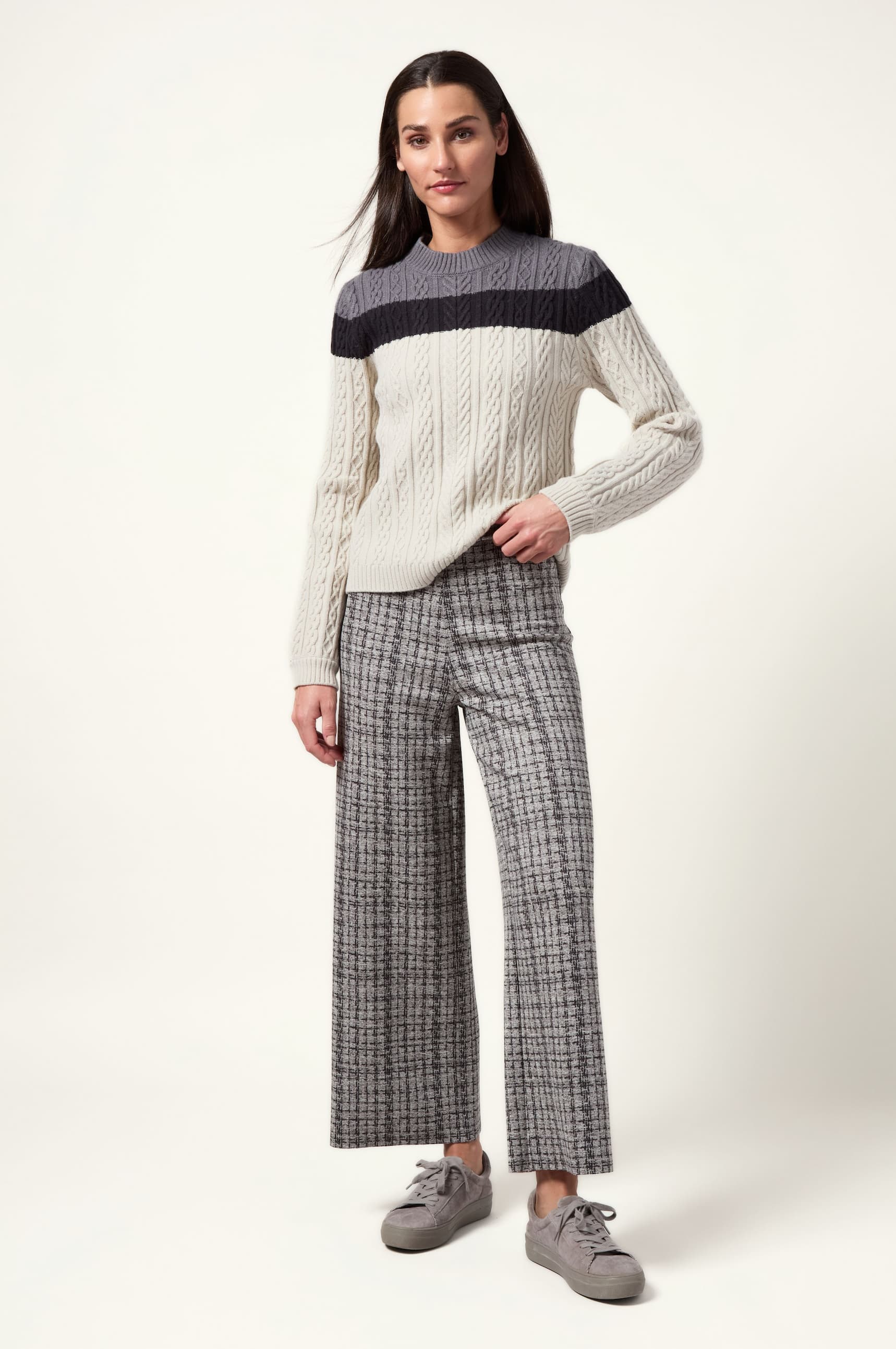 Gabriel Cozy Cable Sweater and Erin Hi Waist Wide Leg Neoprene Pant in a soft, textured at-home holiday outfit