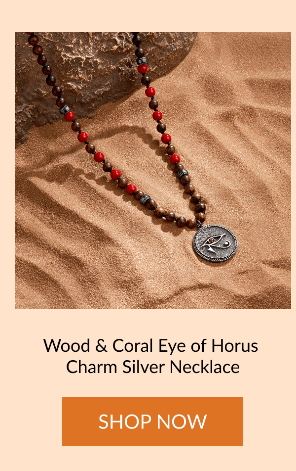 Wood & Coral Eye of Horus Charm Silver Necklace