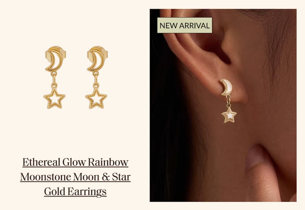 Ethereal Glow Rainbow Moonstone Moon & Star Gold Earrings