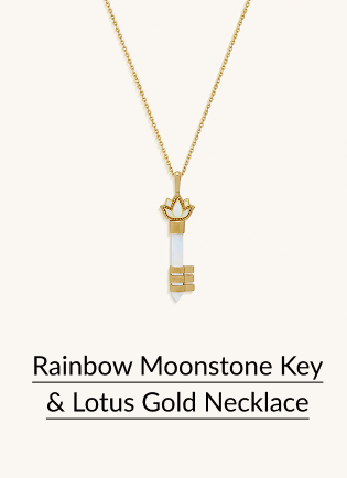 Rainbow Moonstone Key & Lotus Gold Necklace