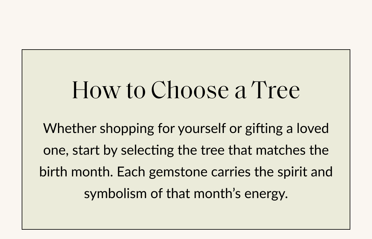 How to Choose a Tree Whether shopping for yourself or gifting a loved one, start by selecting the tree that matches the birth month. Each gemstone carries the spirit and symbolism of that month's energy.