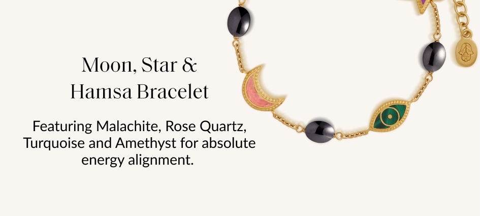 Moon, Star & Hamsa Bracelet Featuring Malachite, Rose Quartz, lurquoise and Amethyst for absolute energy alignment.