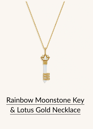 Rainbow Moonstone Key & Lotus Gold Necklace
