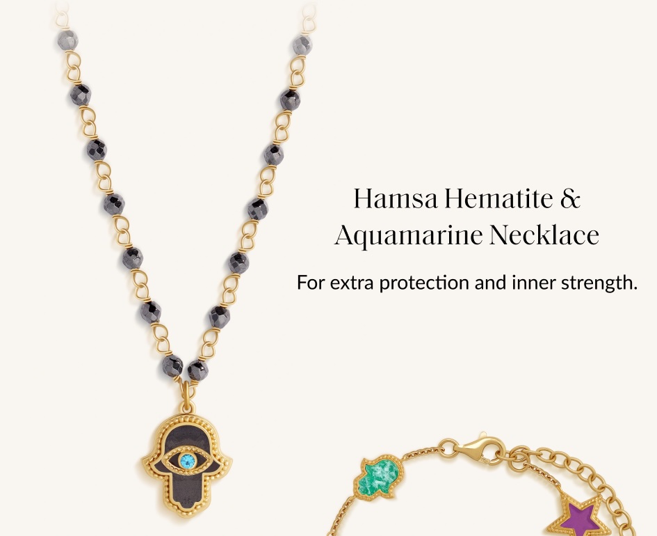 Hamsa Hematite & Aquamarine Necklace For extra protection and inner strength.