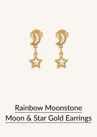 Rainbow Moonstone Moon & Star Gold Earrings