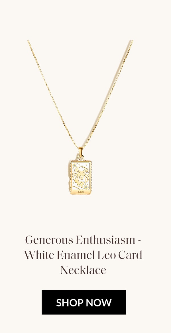 Generous Enthusiasm - White Enamel Leo Card Necklace