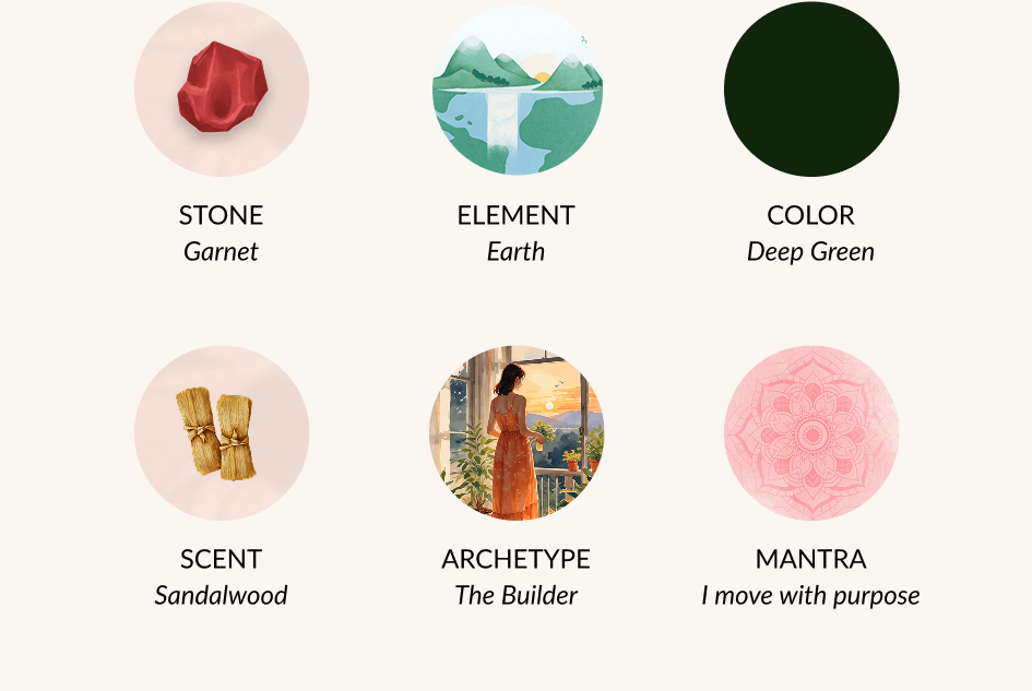 STONE Garnet ELEMENT Earth COLOR Deep Green SCENT Sandalwood ARCHETYPE The Builder MANTRA I move with purpose