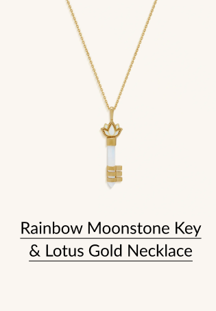 Rainbow Moonstone Key & Lotus Gold Necklace