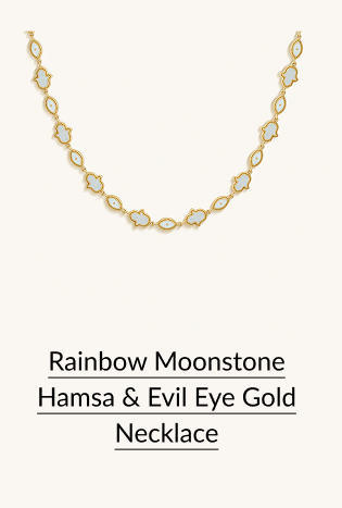 Rainbow Moonstone Hamsa & Evil Eye Gold Necklace