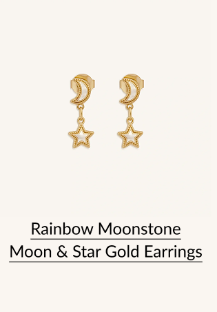 Rainbow Moonstone Moon & Star Gold Earrings