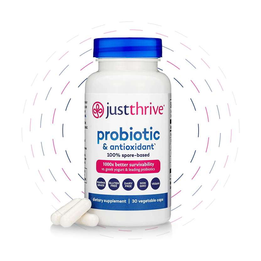Bottle of Just Thrive Probiotic with decorative dashed lines surrounding it in circle