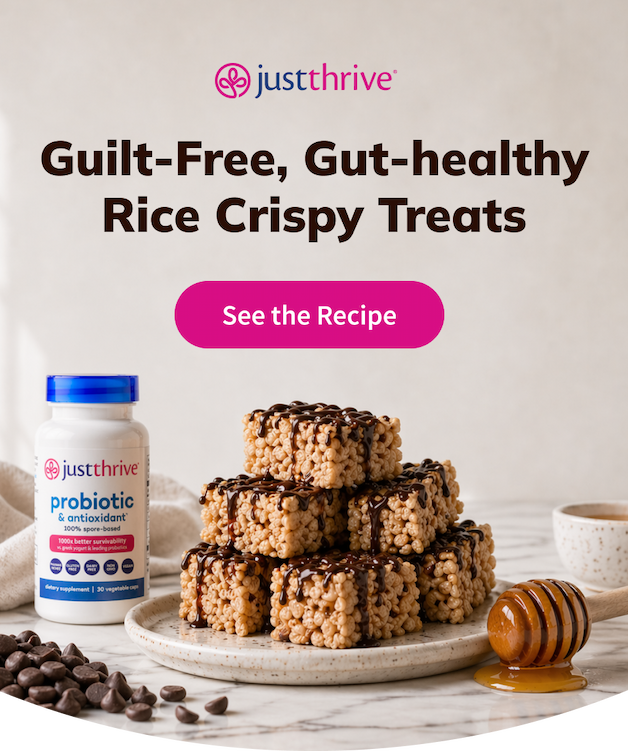image of gut-healthy rice crispy treats stacked on a plate next to bottle of Just Thrive Probiotic with text overlay