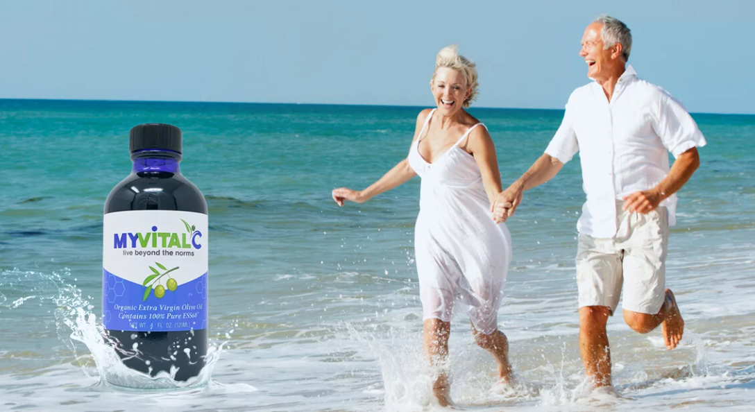 Couple running on a beach + MVC Olive Oil bottle