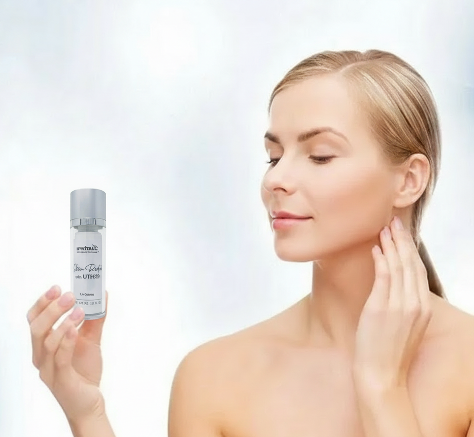 woman holding a UTH La Creme bottle