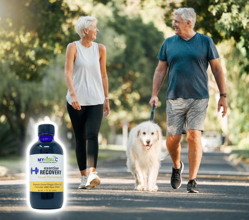 an image of a man and woman walking a dog down a road