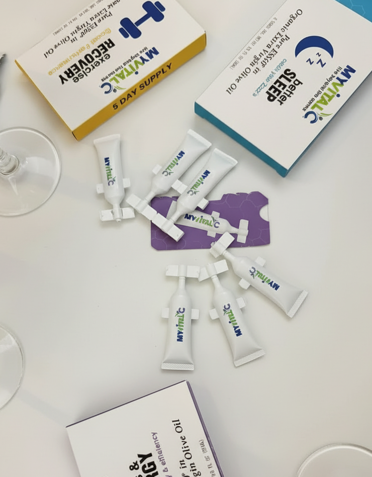 MyVitalC single shots laid out on table