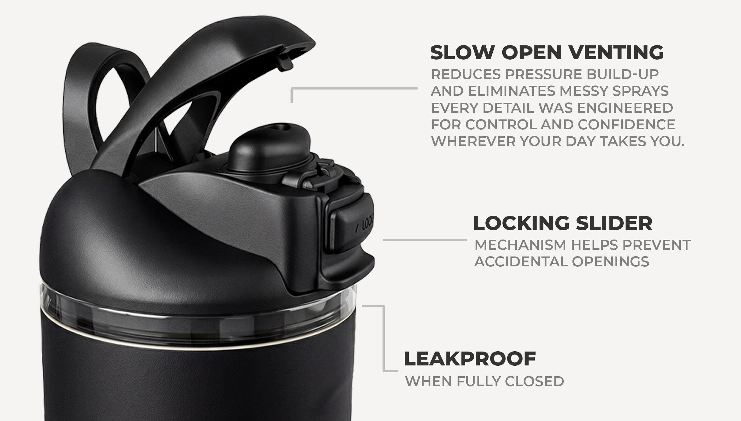 Slow open vent, locking slider, and fully leakproof.
