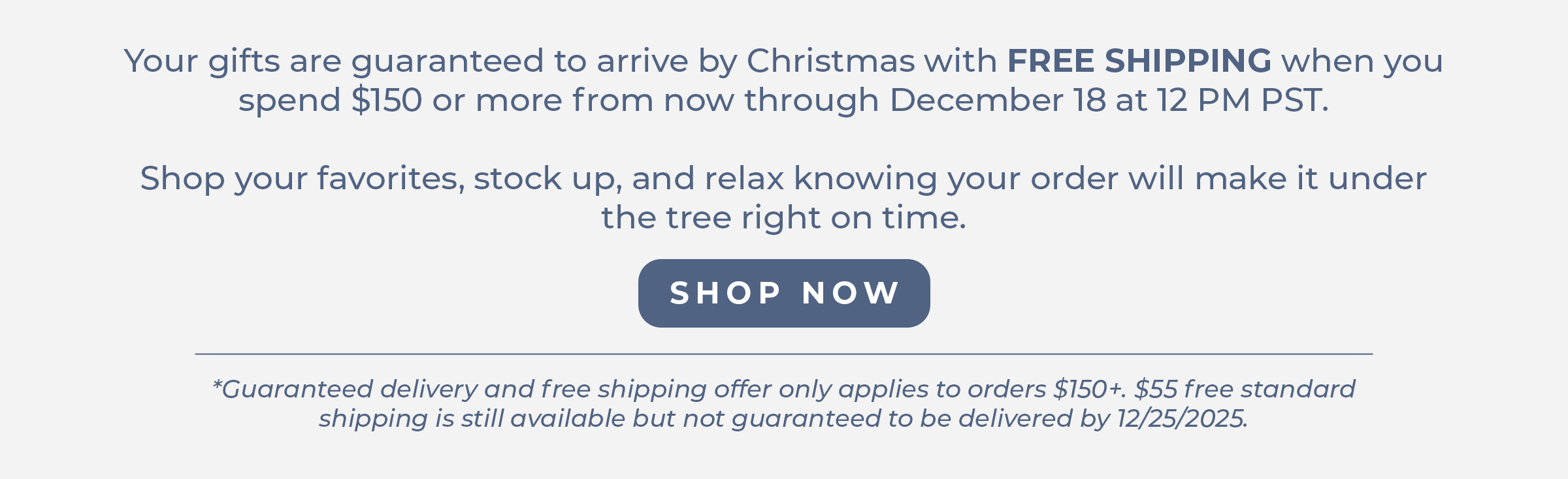 Free Shipping + Garunteed Holiday Delivery on all orders $150+