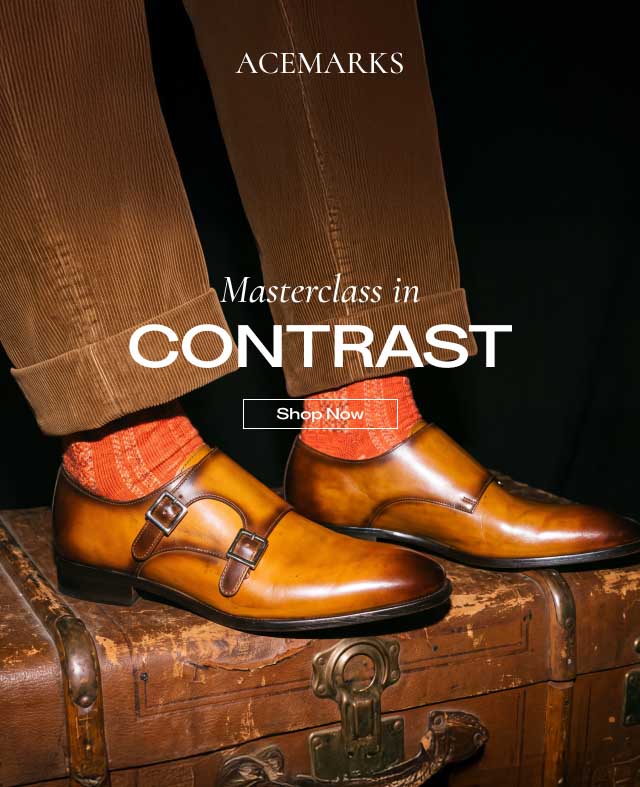 Here is the transcribed text from the uploaded image (Ace Marks "Masterclass in Contrast" marketing email, image_bcc817.png): Hero Section ACE MARKS (Image: Lower-body shot of a person sitting on a vintage leather trunk, wearing brown corduroy trousers, patterned orange socks, and hand-burnished tan/amber double monk strap dress shoes) Here is the transcribed text from the uploaded image (Ace Marks "Masterclass in Contrast" marketing email, image_bcc817.png): Hero Section ACE MARKS (Image: Lower-body shot of a person sitting on a vintage leather trunk, wearing brown corduroy trousers, patterned orange socks, and hand-burnished tan/amber double monk strap dress shoes)