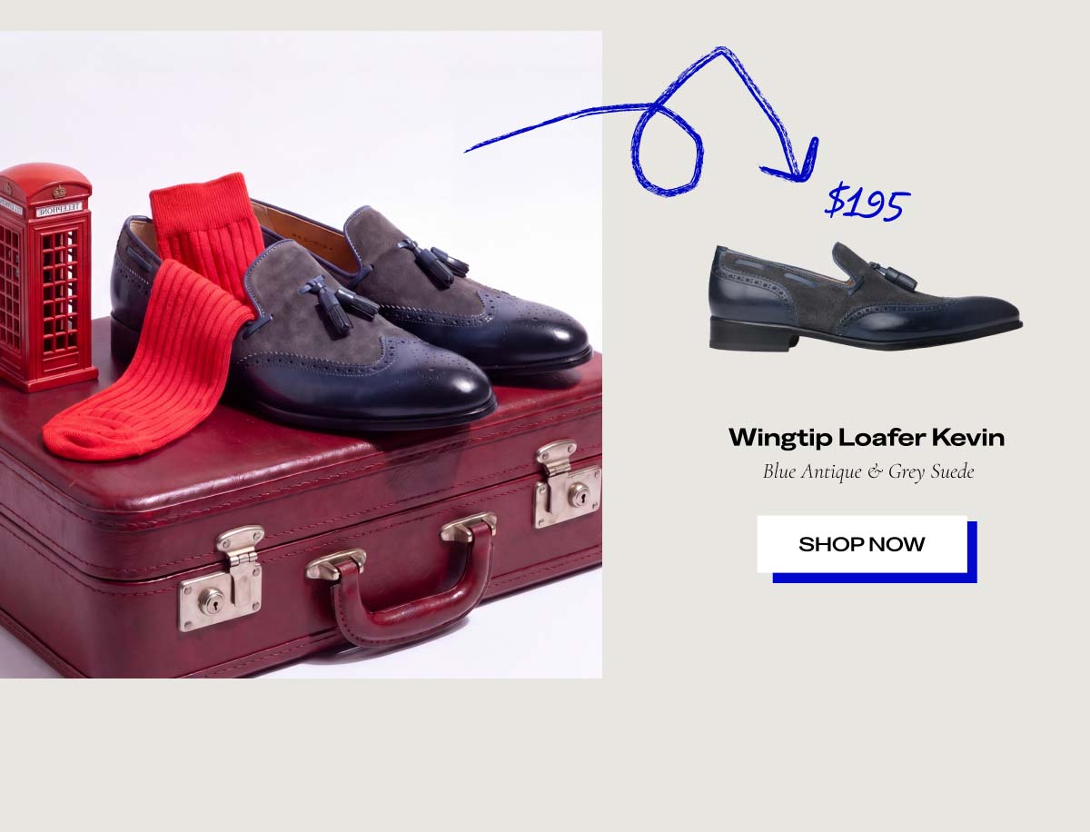 $195 Wingtip Loafer Kevin &nbsp;Blue Antique & Grey Suede Shop Now