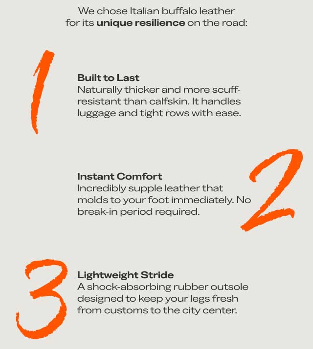 1 Engineered for the Itinerary. We chose Italian buffalo leather for its unique resilience on the road: 3 Built to Last Naturally thicker and more scuff-resistant than calfskin. It handles luggage and tight rows with ease. 2 Lightweight Stride A shock-absorbing rubber outsole designed to keep your legs fresh from customs to the city center. Instant Comfort Incredibly supple leather that molds to your foot immediately. No break-in period required. Shop Buffalo Leather Shoes