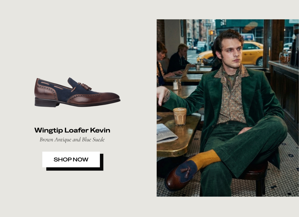 Wingtip Tassel Loafer Brown Antique & Blue Suede | Ace Marks