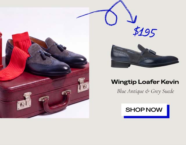 $195 Wingtip Loafer Kevin Blue Antique & Grey Suede Shop Now