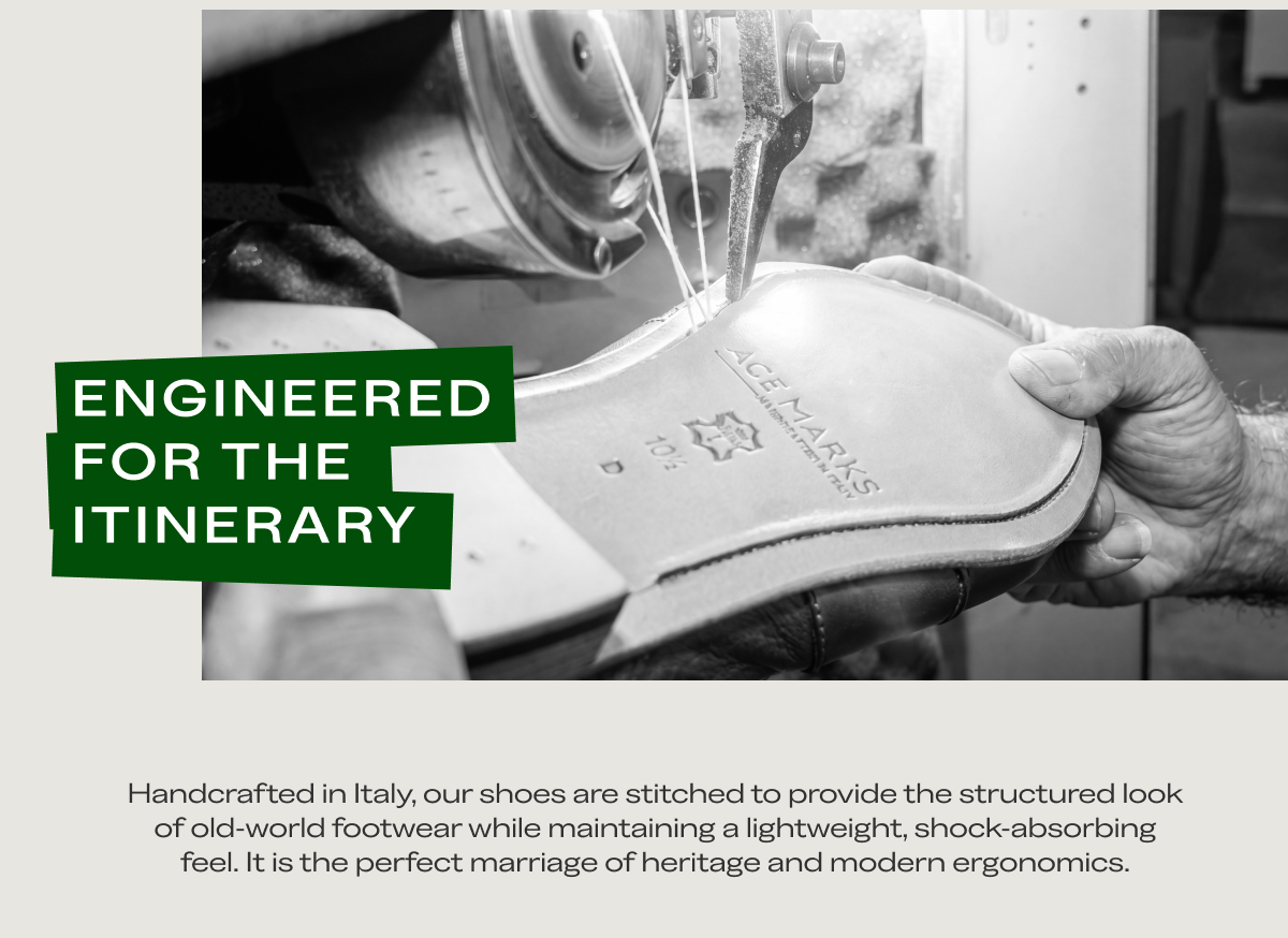 Engineered for the Itinerary Handcrafted in Italy, our shoes are stitched to provide the structured look of old-world footwear while maintaining a lightweight, shock-absorbing feel. It is the perfect marriage of heritage and modern ergonomics. Learn More About Blake Flex Shop the Collection